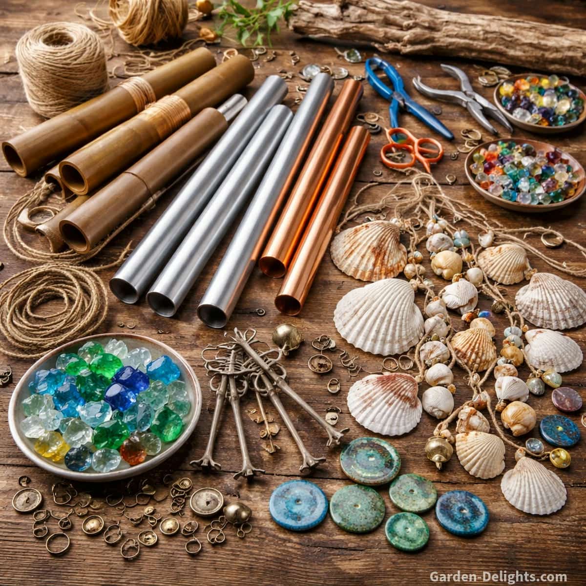 DIY wind chime materials bamboo metal shells glass and driftwood