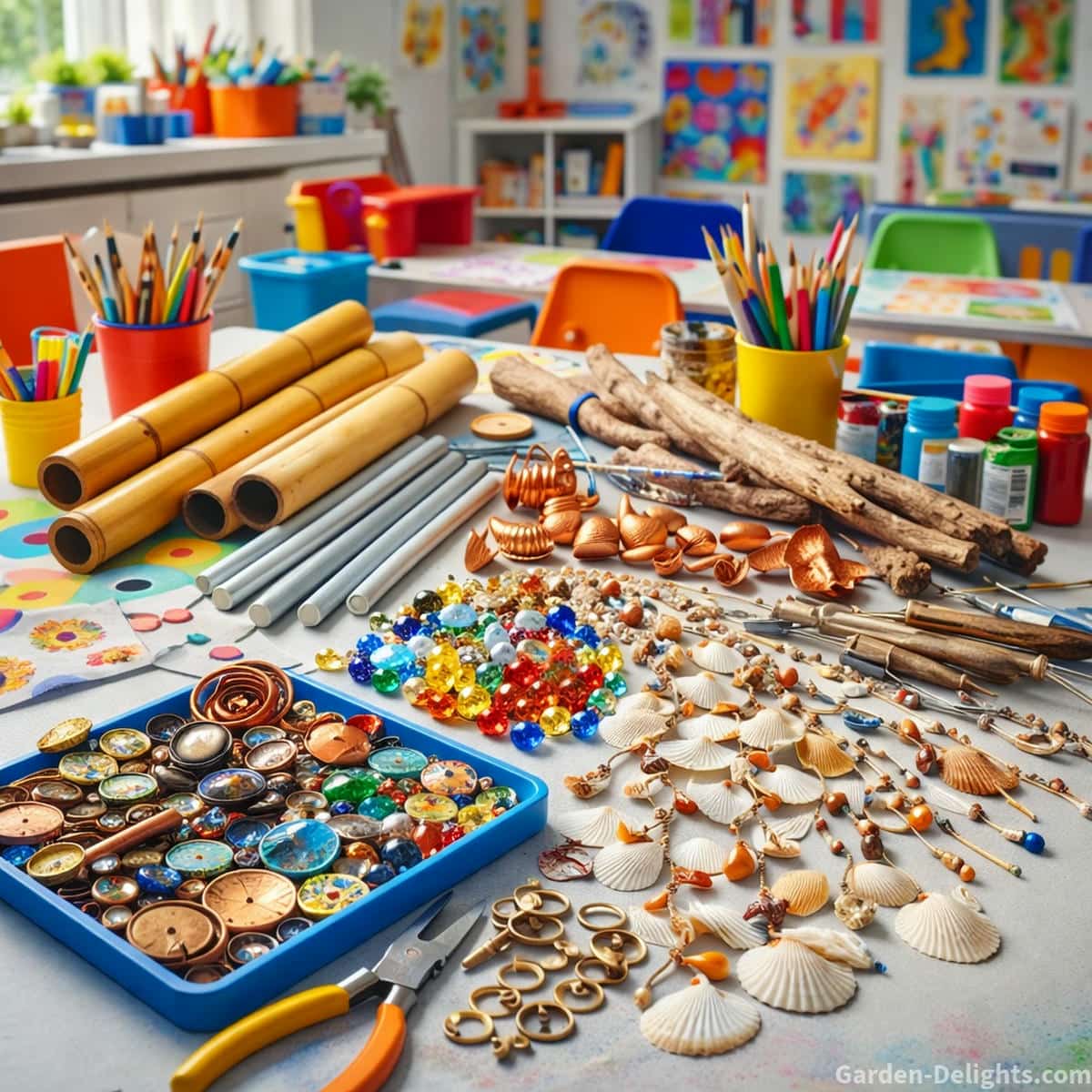 DIY wind chime materials arranged on a colorful classroom art table including bamboo wind chime tubes aluminum rods copper pieces seashell strands glass beads crystal prisms driftwood branches and recycled metal keys creating a playful STEAM craft workspace where students design handmade wind chimes that produce calming garden sound gentle motion and creative outdoor decor