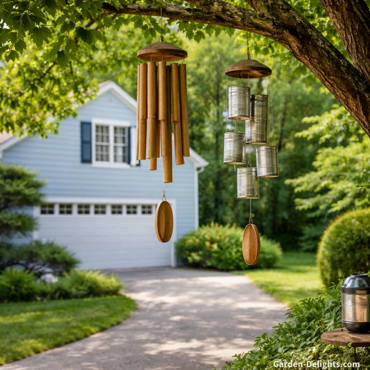 DIY wind chimes hanging from a tree branch beside a driveway near a light blue house with white shutters and a garage in the background bamboo and tin can wind chimes move gently in natural airflow creating a soft steady sound this peaceful placement shows where to hang wind chimes for balanced airflow smooth movement and relaxing outdoor decor in a suburban garden setting
