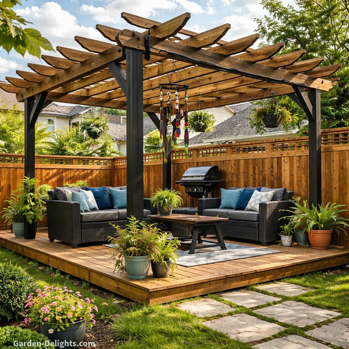 DIY wind chime hanging from a wooden pergola with black posts on a backyard patio featuring black wicker furniture with blue cushions a grill and garden plants in warm sunlight showing where to hang homemade wind chimes for calm sound airflow balance and decorative DIY wind chime placement in patio and garden spaces
