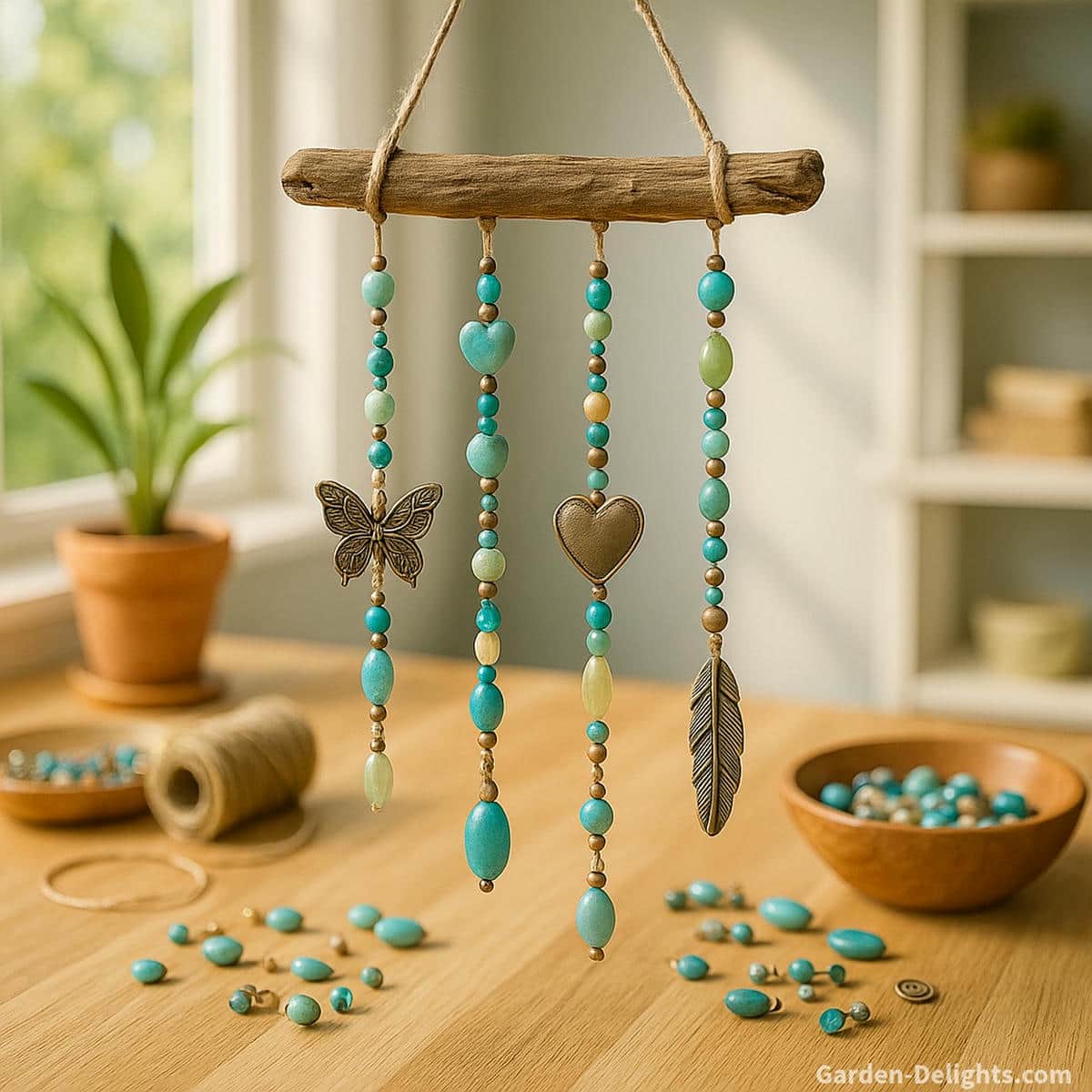 DIY handmade wind chimes crafted from driftwood, crystal beads, and glass pieces in a sunlit creative studio symbolizing emotional expression, mindful artistry, and meaningful handmade gifts for home and garden décor.
