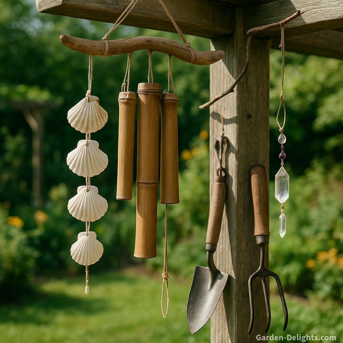 DIY wind chimes made from bamboo, shells and crystal accents hanging beside a garden workspace where families craft symbolic chimes with natural materials