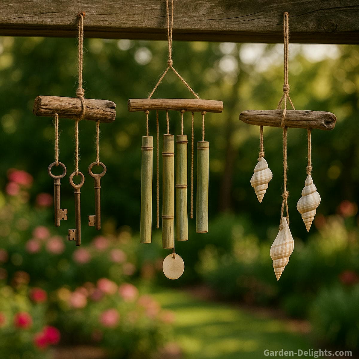DIY wind chimes made from recycled keys bamboo and driftwood hanging under a patio pergola showing homemade wind chime craft ideas for garden decor memory gardens and calming outdoor sound