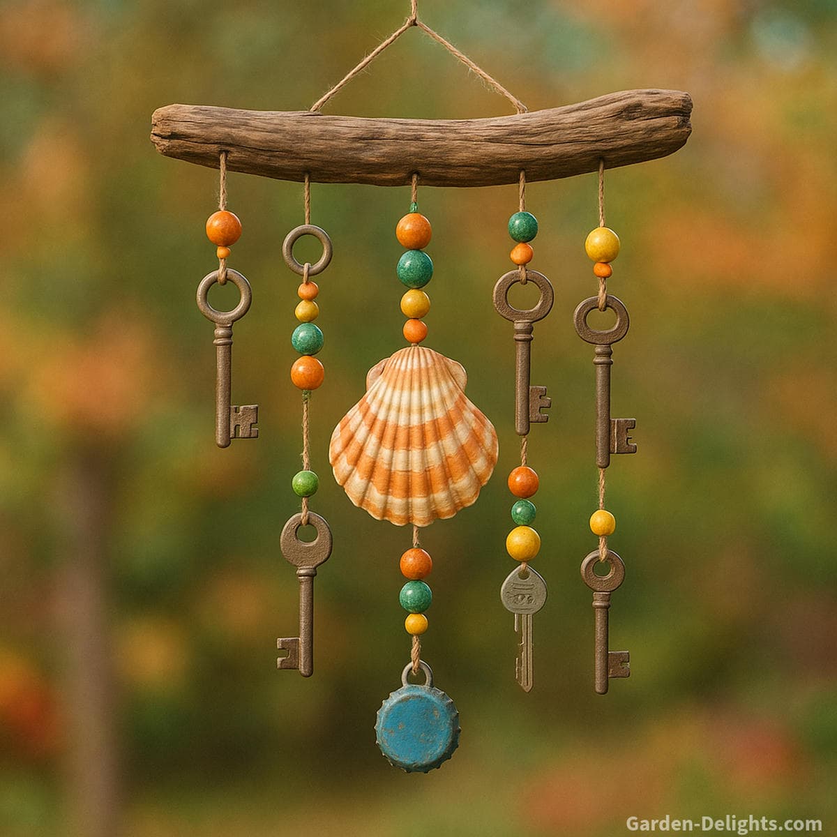 eco friendly DIY wind chime project made from driftwood recycled keys seashells and colorful beads showing sustainable wind chime crafting budget friendly homemade wind chime ideas and upcycled garden sound decor