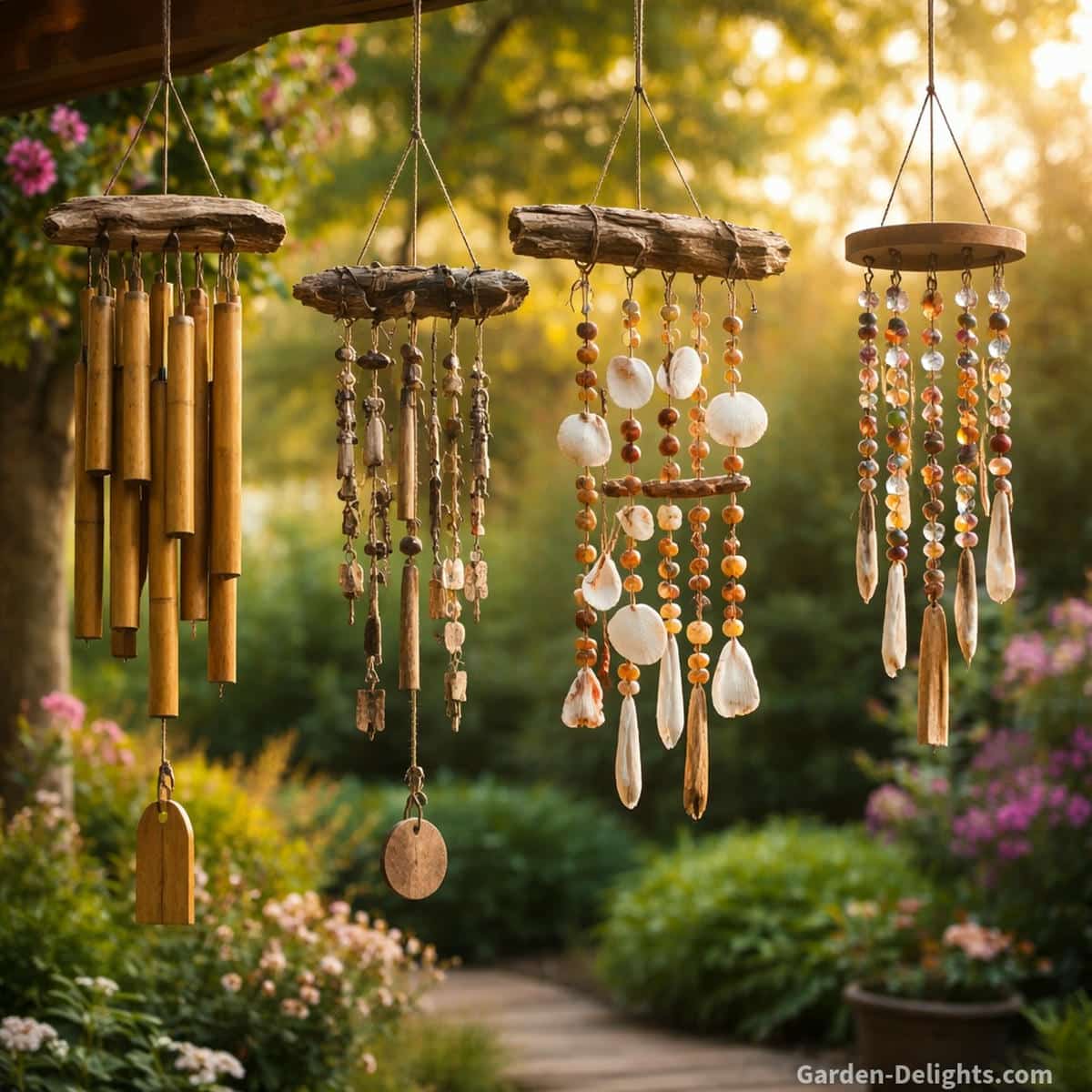DIY wind chime projects displayed in a peaceful garden setting with handmade bamboo wind chimes key wind chimes seashell driftwood chimes and bead chimes gently moving in warm sunlight showing how to make wind chimes at home for garden decor patio spaces and calming outdoor sound with symbolic meaning and creative expression