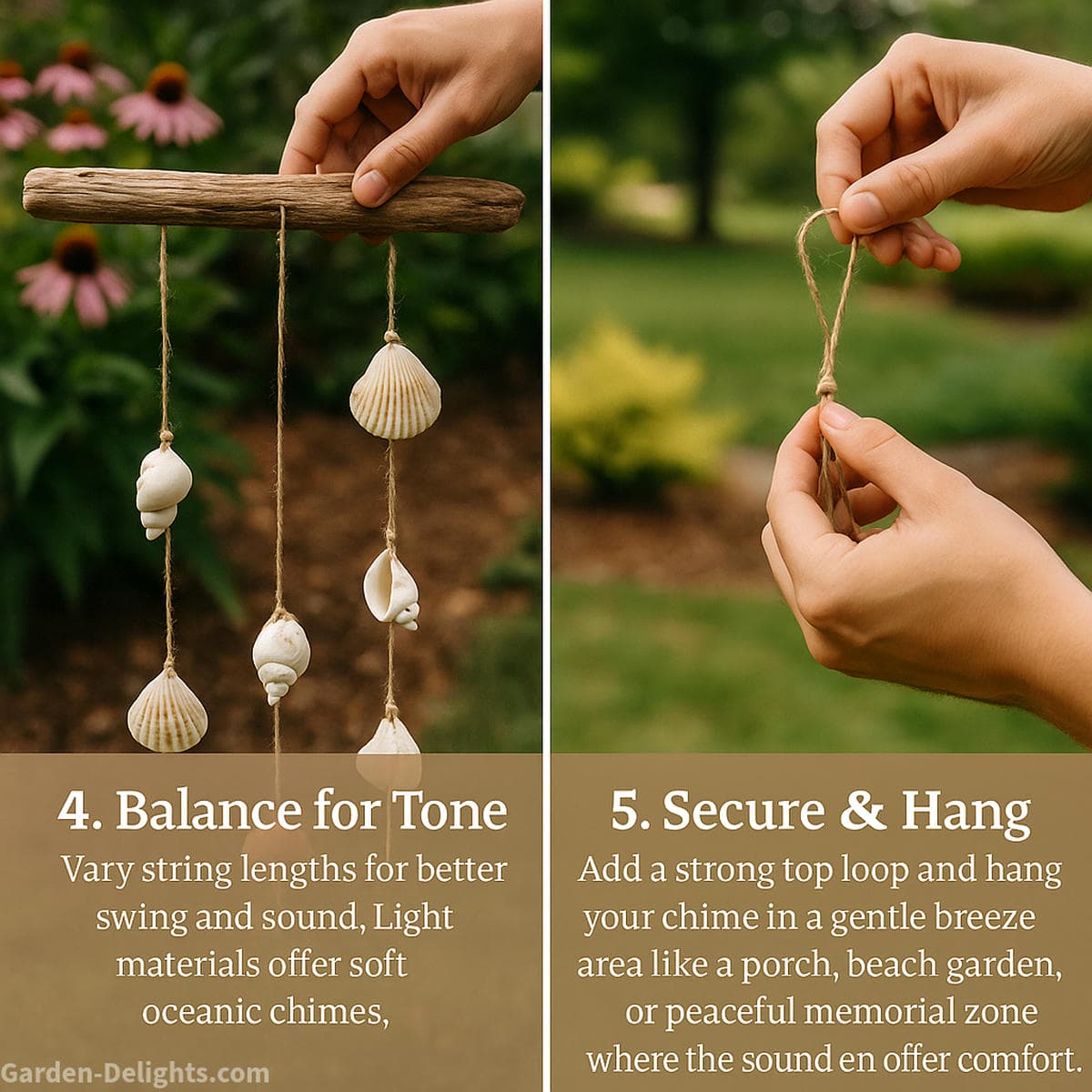 DIY driftwood shell wind chime hanging in seaside garden showing handmade seashell wind chimes made from natural shells driftwood rope and beach materials creating coastal wind chime decor