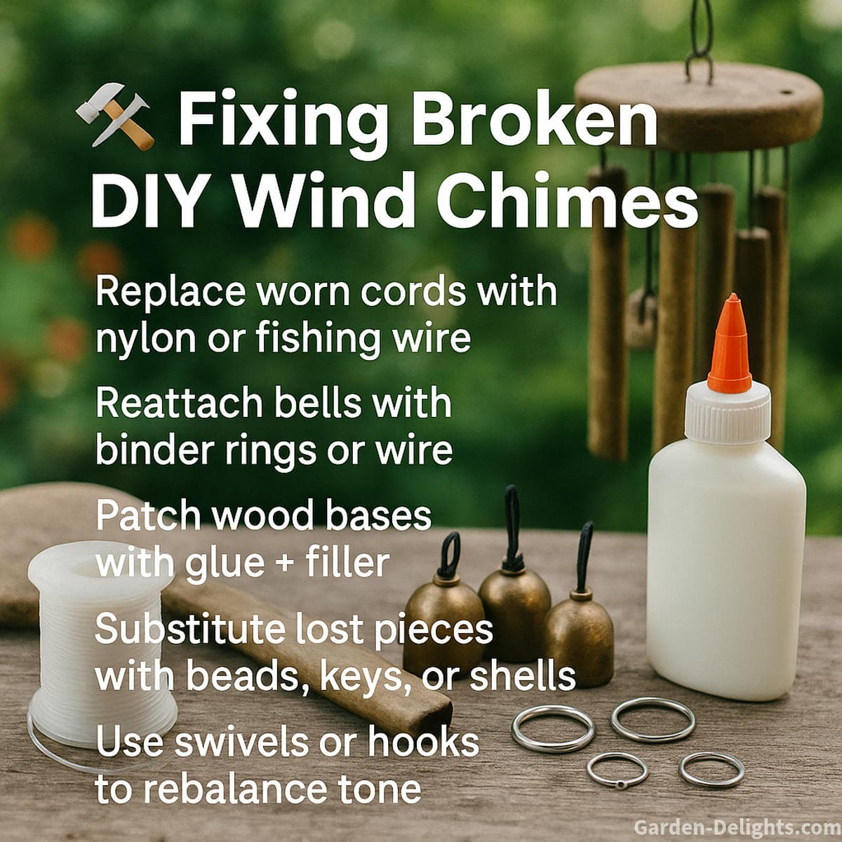 DIY wind chime repair tools and materials including nylon cord, fishing line, glue, wire, and connectors used to fix broken wind chimes, replace string, restore sound quality, and rebalance airflow movement in handmade memorial and garden chimes