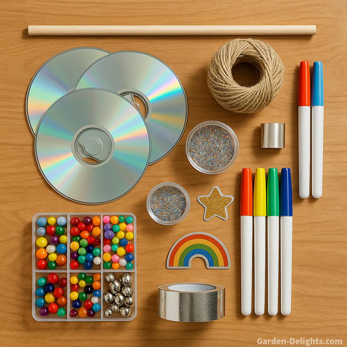 materials for DIY recycled CD wind chime craft including compact discs twine beads glitter tape and markers arranged for Capiz style sun catcher wind chime classroom STEAM craft project