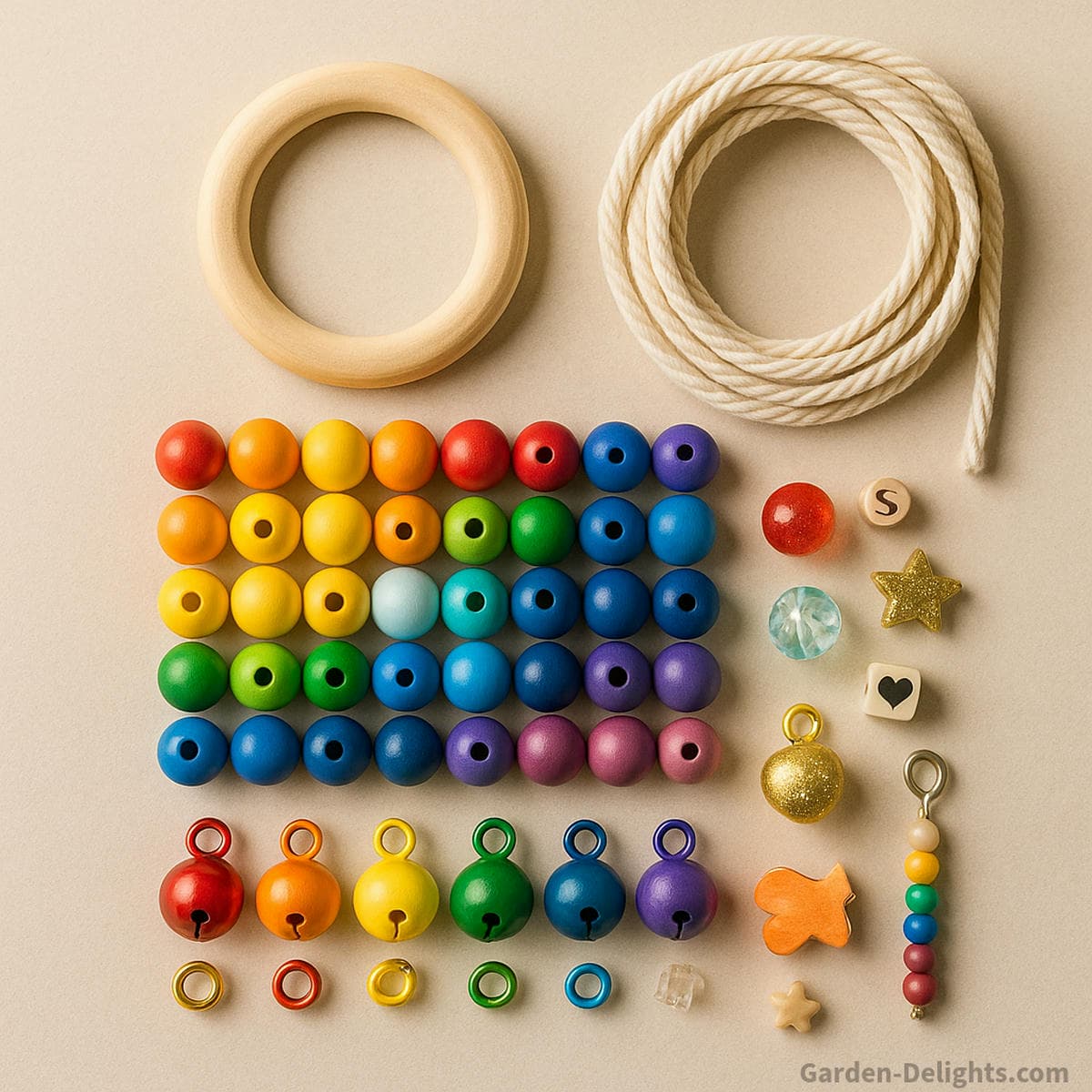 DIY rainbow bead and bell wind chime materials including colorful beads mini jingle bells yarn cord wooden hoop and craft charms arranged for a sensory wind chime craft project in classrooms and therapy spaces