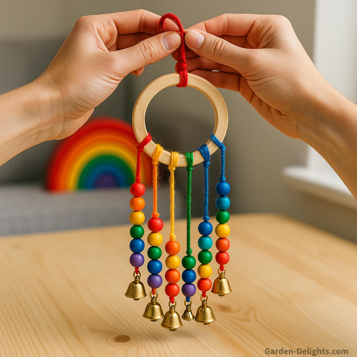 how to adjust DIY rainbow bead wind chime sound and balance strands showing final step tying hanging loop with yarn cord mini bells and colorful beads for sensory wind chime craft in classroom calm down corner or therapy room