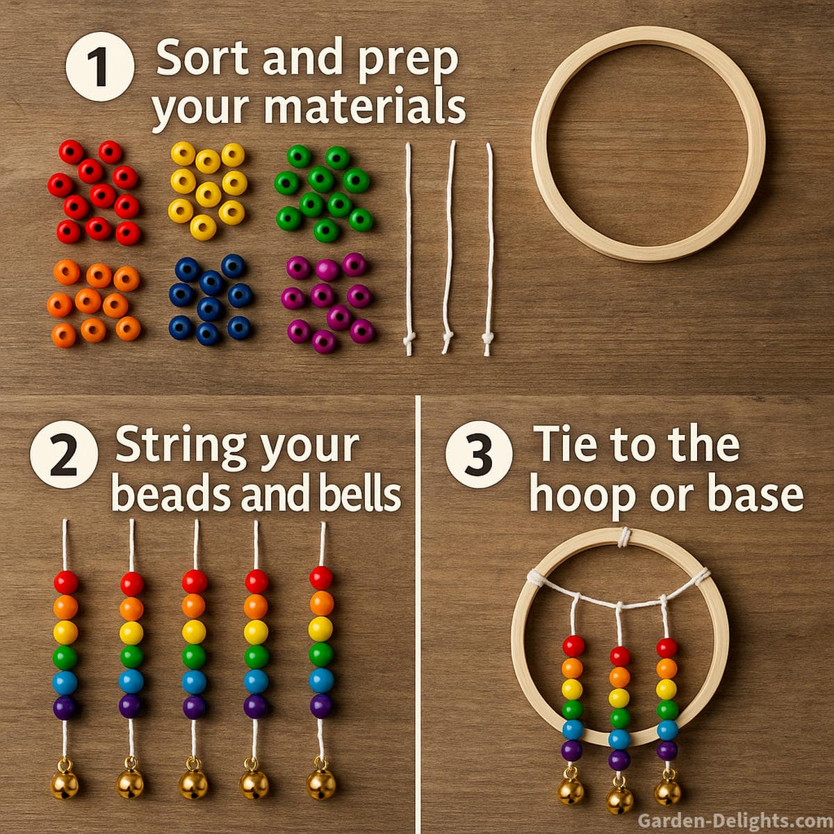 DIY rainbow bead and bell wind chime step by step tutorial showing kids sorting colorful beads stringing yarn cord and attaching mini bells to a wooden hoop for a sensory wind chime craft project in classrooms and therapy rooms