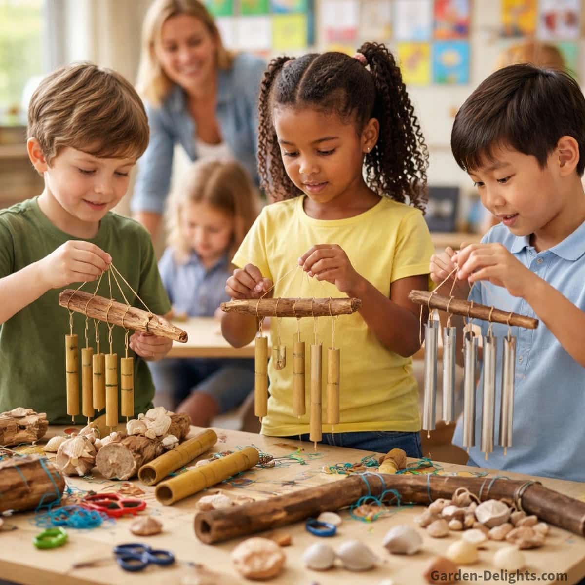children building DIY wind chime science projects using bamboo shells driftwood and metal tubes while exploring vibration airflow resonance and pitch differences creating calm STEAM learning experiences for classroom homeschool and Montessori sound science education