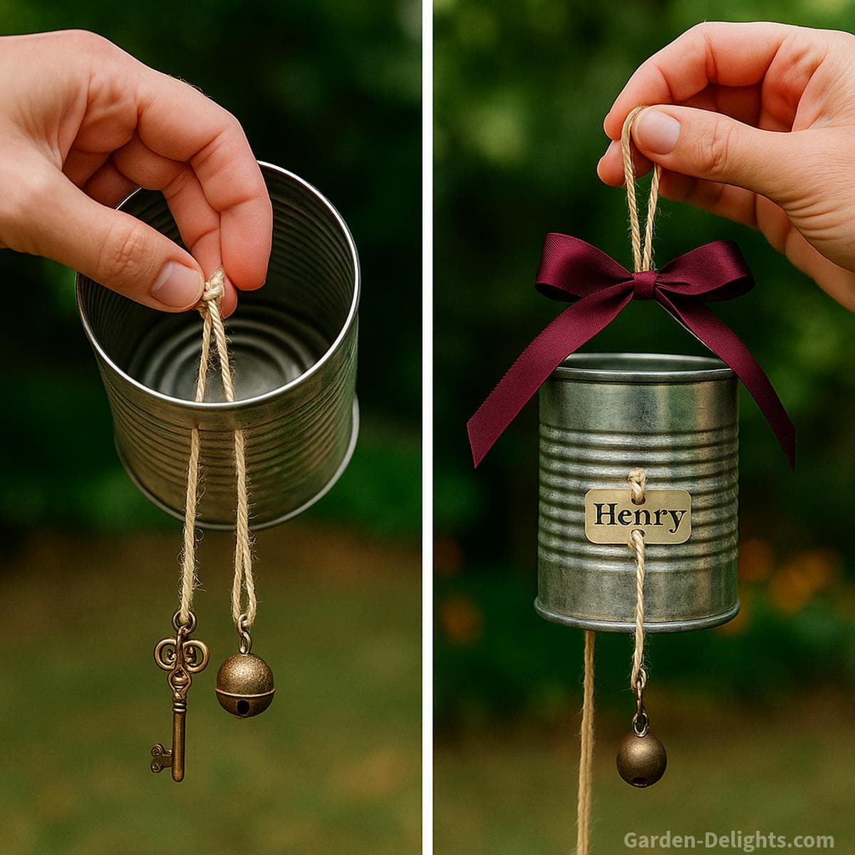 completed DIY tin can memorial wind chime showing final assembly with ribbon hanging loop and metal charms creating soft gentle sound in a memory garden for pet loss or loved one remembrance