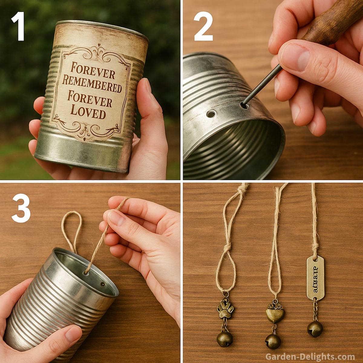 DIY tin can memorial wind chime step by step process showing cleaning punching holes and stringing charms to create a gentle sound remembrance wind chime for pet loss or loved one tribute