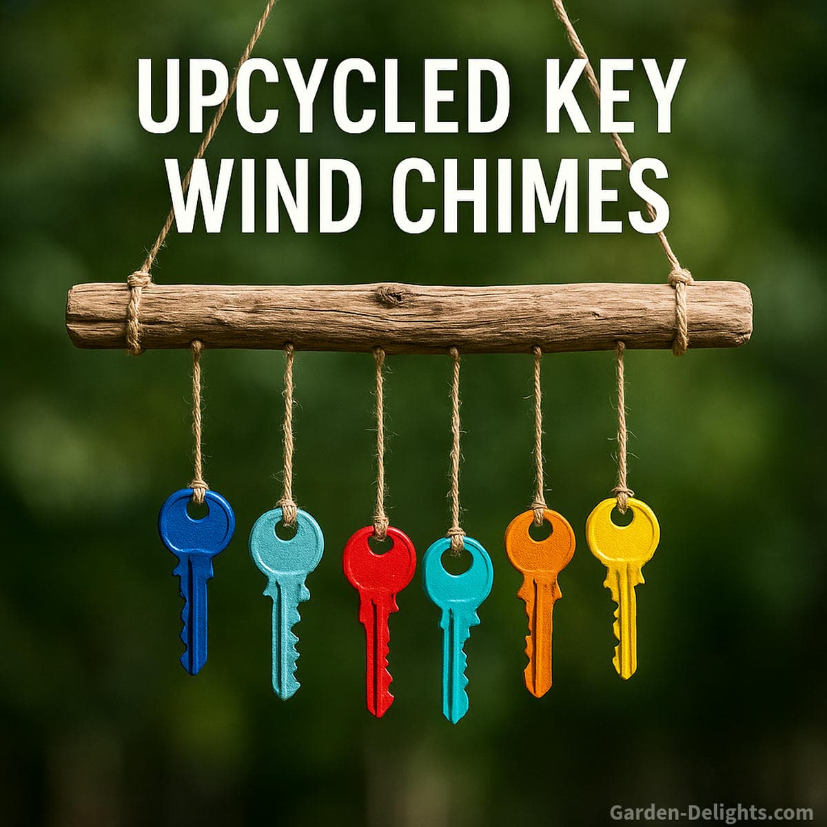 upcycled key wind chime hanging from driftwood