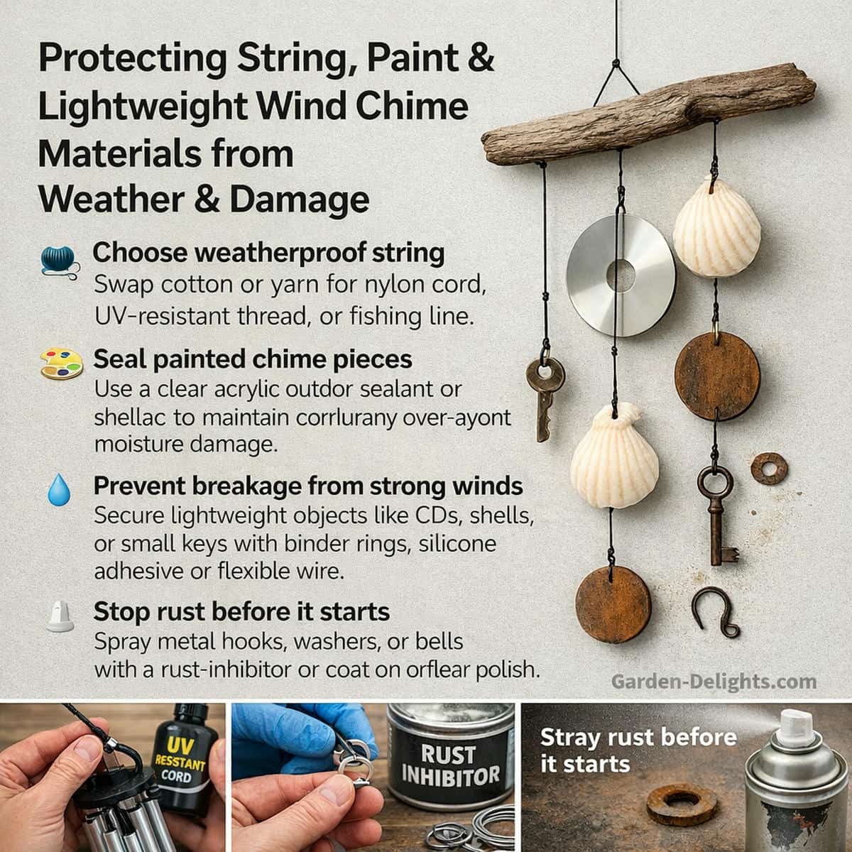 DIY wind chime care guide showing weatherproof string UV resistant cord sealed paint protection rust prevention and seasonal storage tips to protect handmade wind chimes from rain sun wind and damage