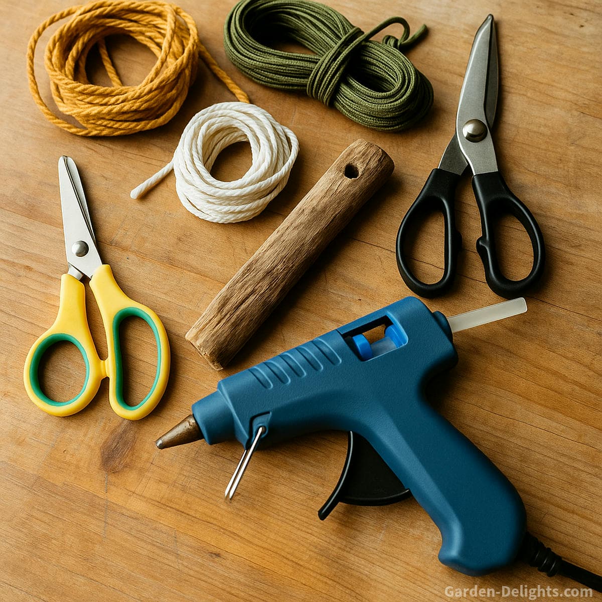 DIY wind chime tools including pliers scissors cord and glue