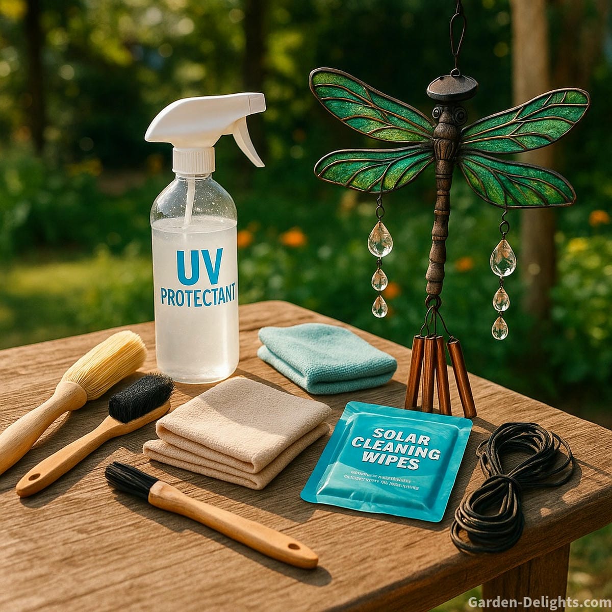 Soft brushes, UV spray, and cloths beside a metal dragonfly wind chime with crystals and solar accents in a garden maintenance setting