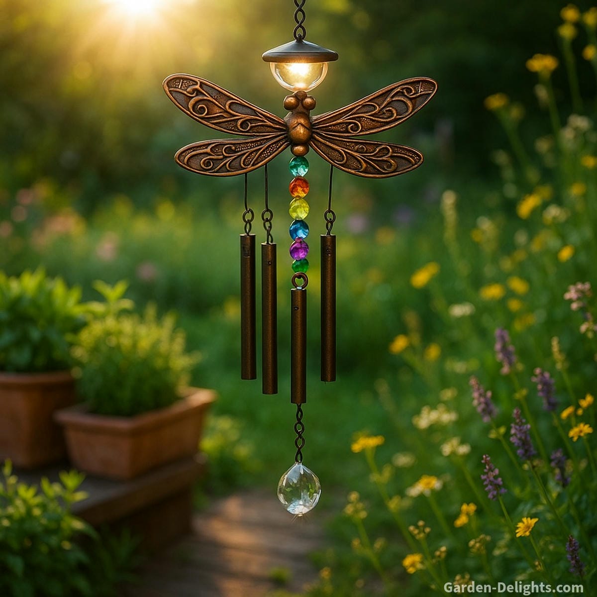 Solar dragonfly wind chime glistening in the sun with crystal accents, hanging above a patio garden surrounded by herbs and wildflowers