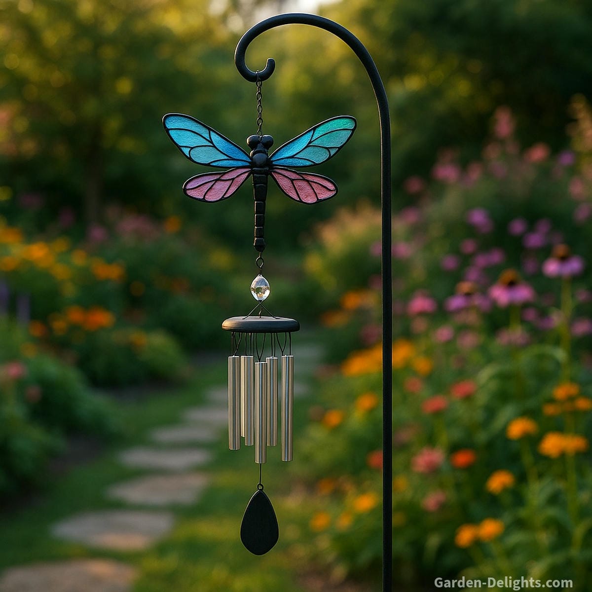 Stained-glass dragonfly wind chimes on a black shepherd’s hook with crystal drop and tuned aluminum tubes, aligned for Feng Shui energy flow in a meditation gardenideal for spiritual rituals, altar spaces, grief support, and energy-clearing outdoor décor
