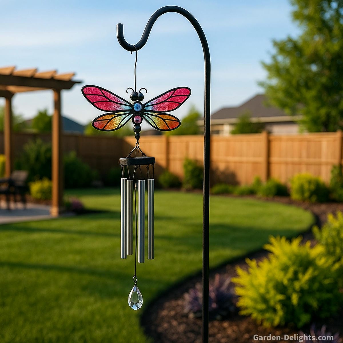 Dragonfly wind chimes with blue and pink stained-glass wings, black shepherd’s hook, crystal drop, and silver tubes swaying in a Feng Shui-aligned backyard gardensymbolizing emotional clarity, chi energy flow, and spiritual transformation