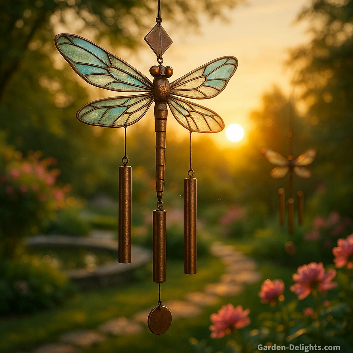 dragonfly wind chimes in garden at sunset