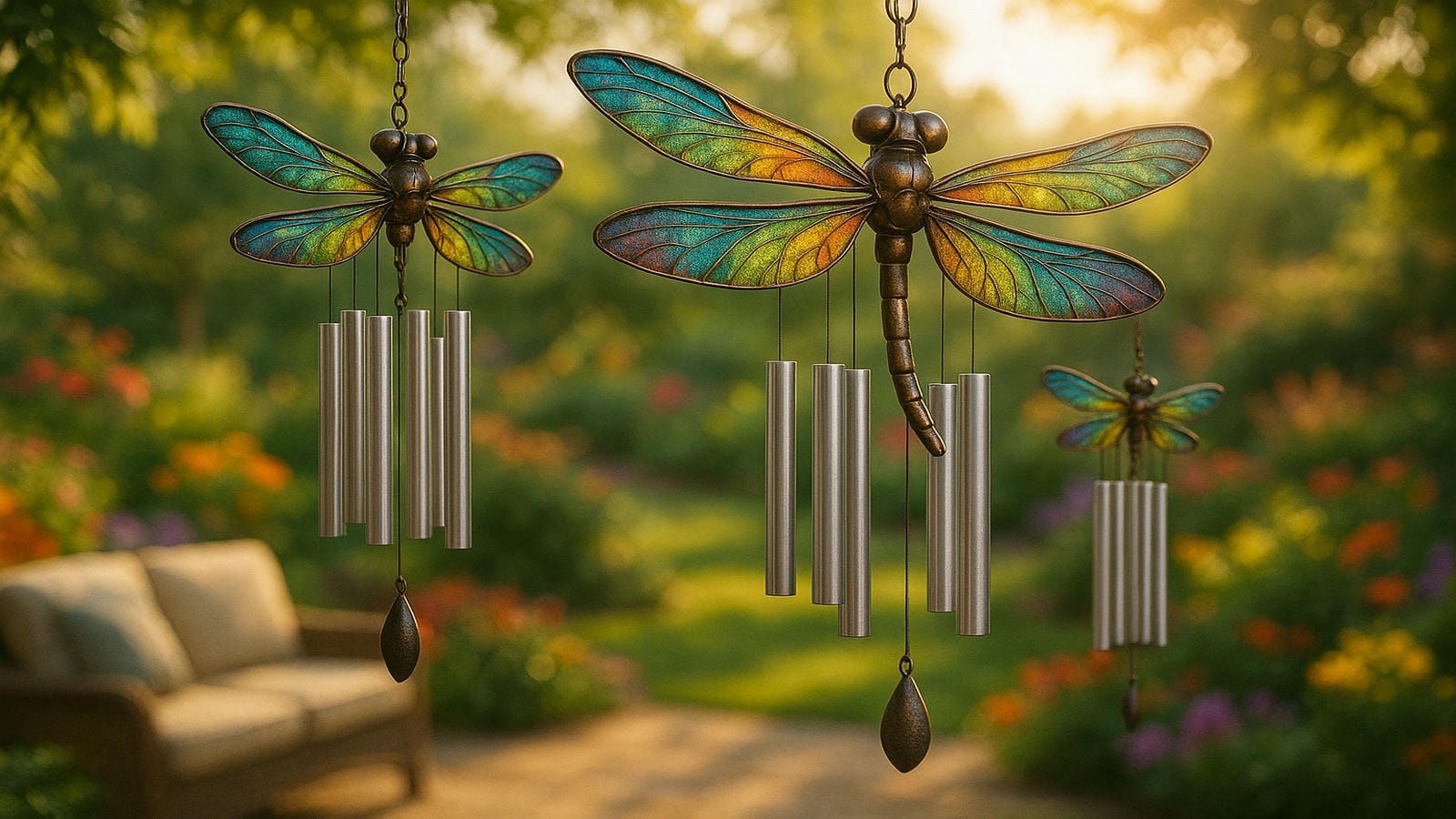 Dragonfly wind chimes with shimmering wings and long aluminum tubes swaying in a golden sunset gardensymbolizing transformation, peace, and outdoor serenity for patios, memorials, and nature-inspired décor