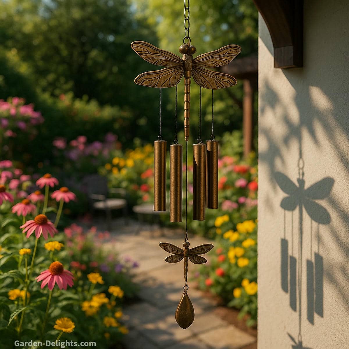 dragonfly wind chimes in garden setting with natural airflow