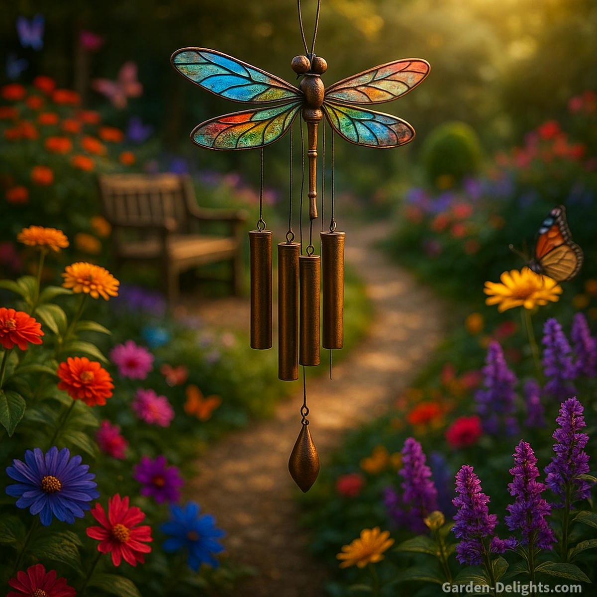 Dragonfly wind chimes with glass wings and metal tubes swaying gently over a memorial garden path, surrounded by chakra-colored flowers, a reflection bench, and symbolic plants for emotional healing and remembrance