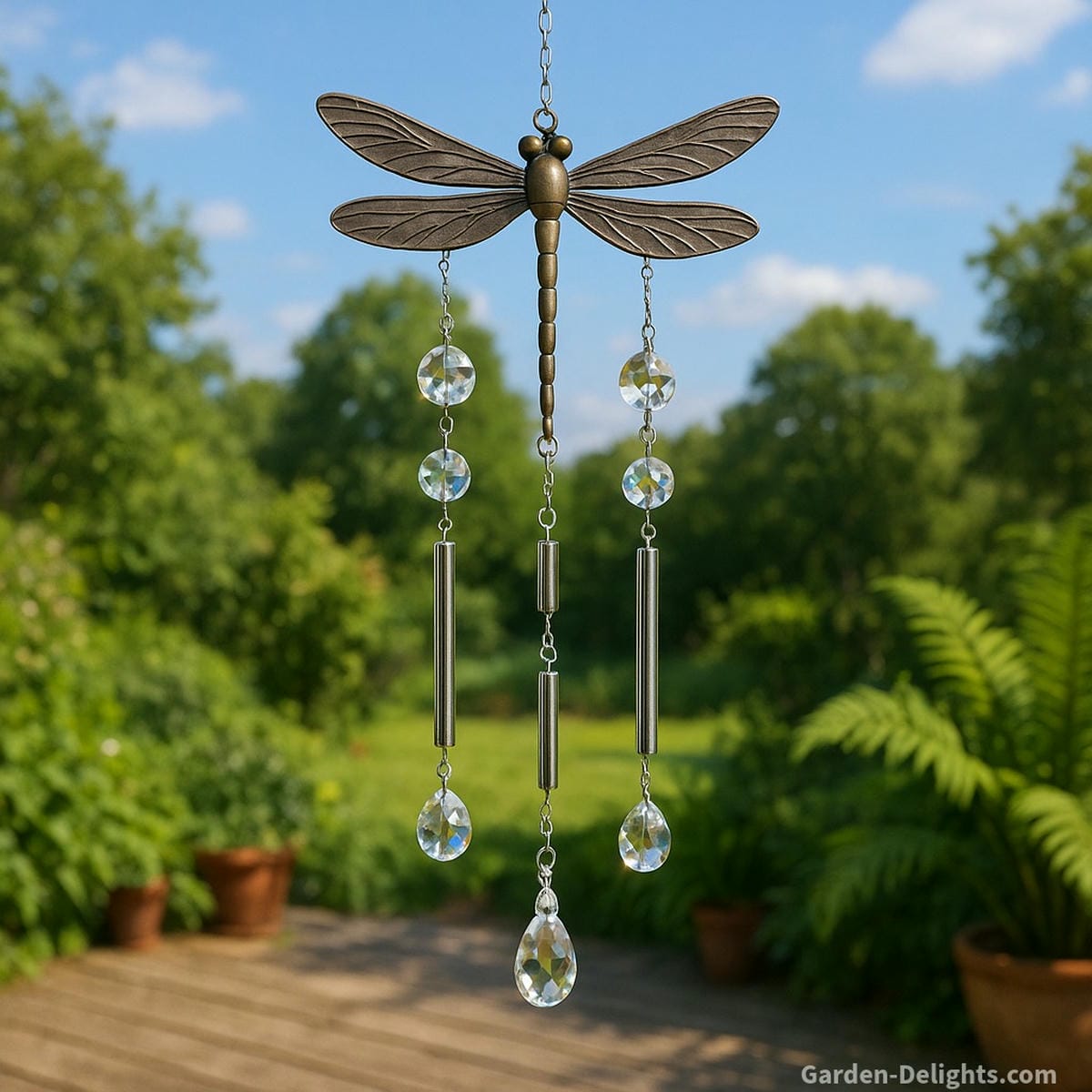 dragonfly wind chime with metal and crystal elements on deck