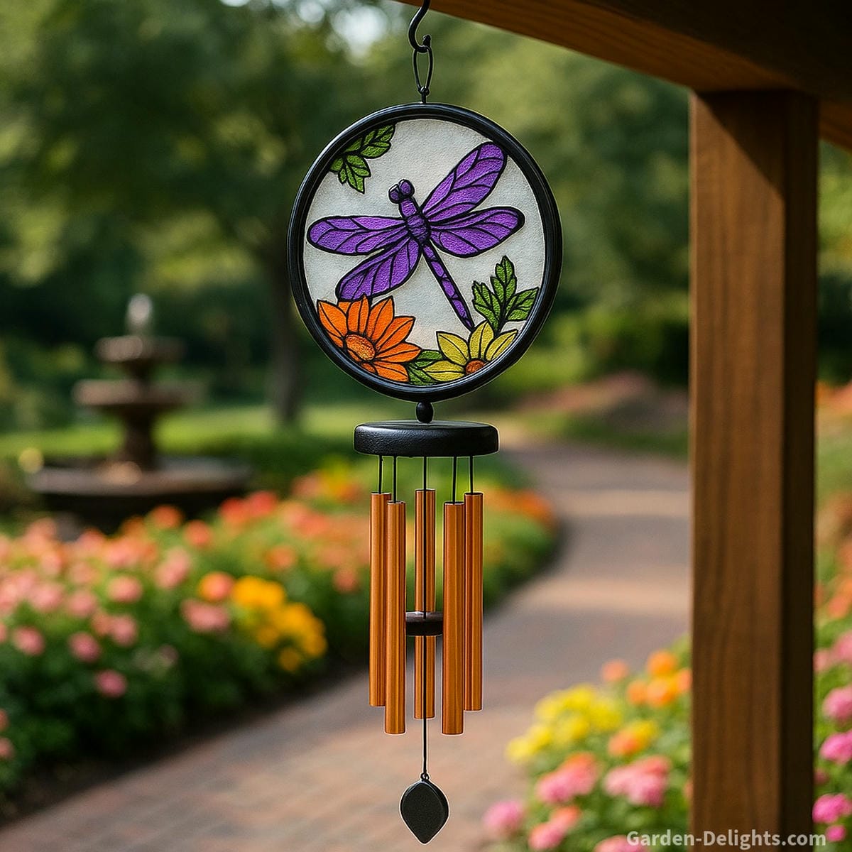 dragonfly wind chimes placement near pergola walkway