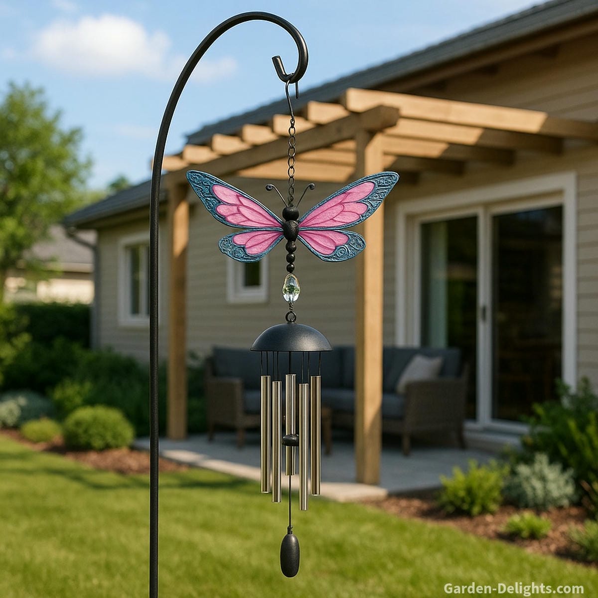 Dragonfly wind chime with pink and blue wings, clear crystal drop, and silver chime tubes hanging from a black shepherd's hook in a modern backyard garden with pergola