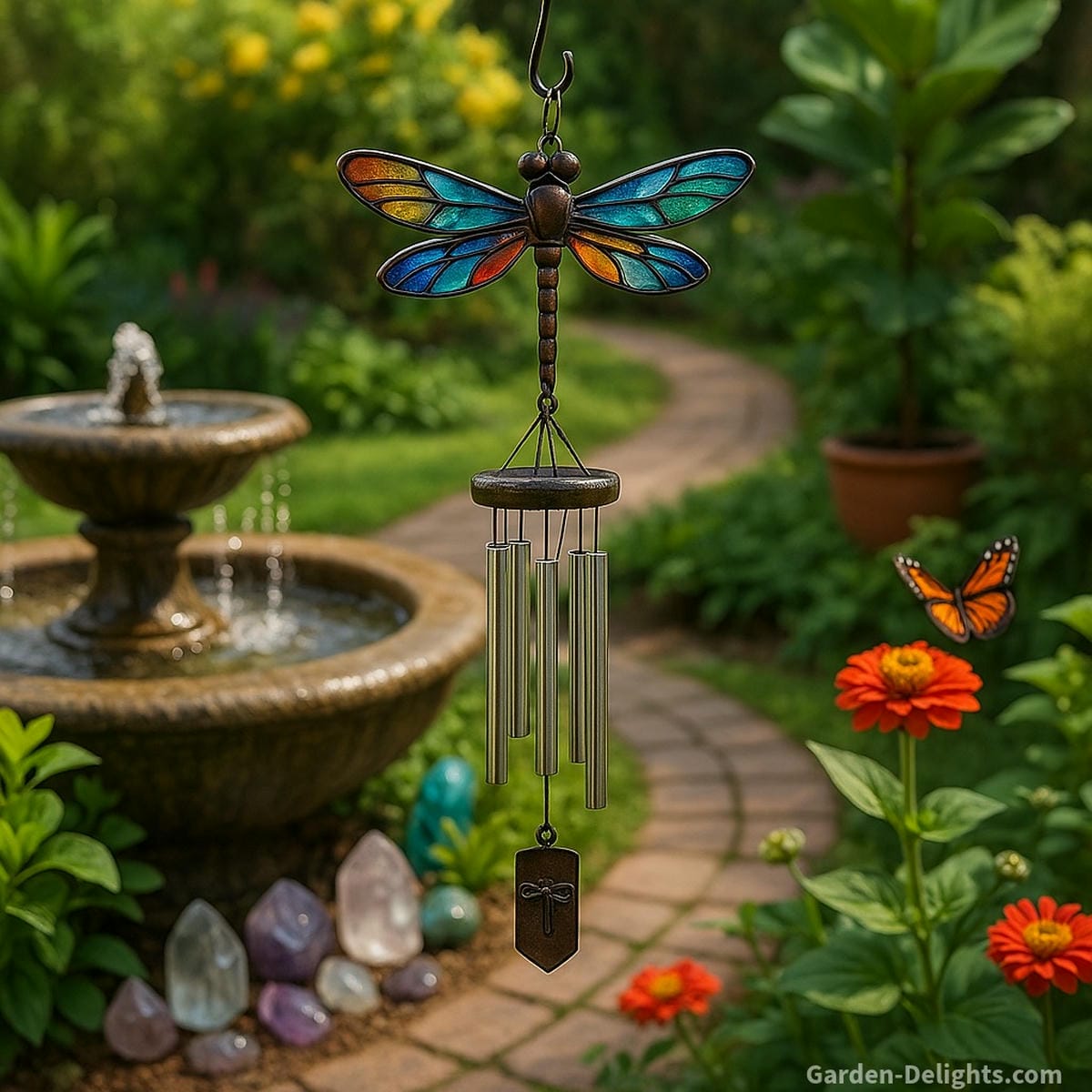 Dragonfly wind chimes with stained glass wings and metal tubes swaying beside a garden fountain, near a meditative pathway surrounded by crystals, butterfly decor, and Feng Shui plants for healing and spiritual placement