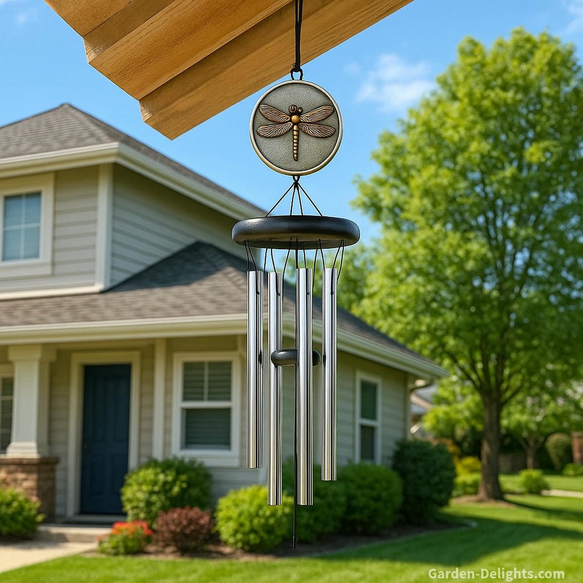 Dragonfly wind chime with silver tubes, bronze dragonfly medallion, and black striker hanging from a patio roof in front of a modern home, symbolizing transformation, peace, and garden harmony