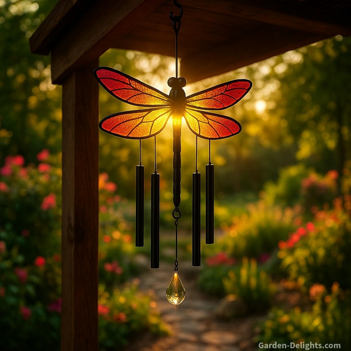 Solar dragonfly wind chimes with color-changing stained-glass wings glowing in a sunlit patio garden  symbolizing transformation, energy balance, and sacred ambiance for Mother's Day, memorials, or chakra decor