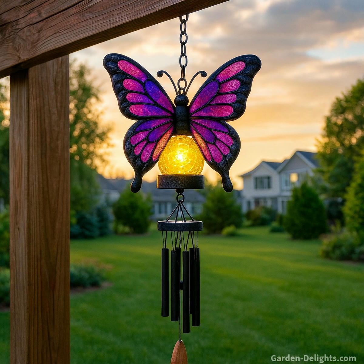 electric wind chimes with multicolor LED under pergola