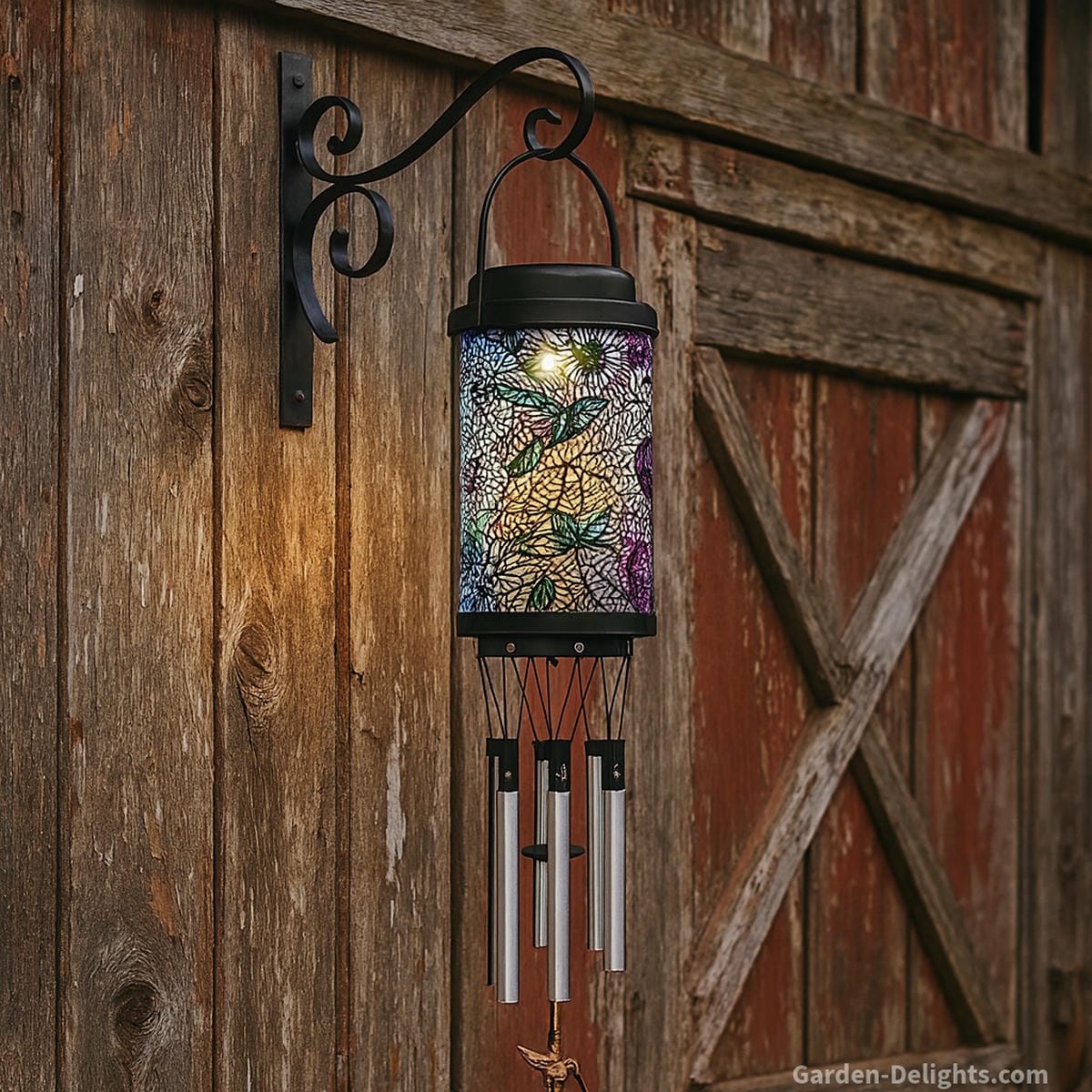 Electric wind chimes with black lantern casing and silver aluminum tubes hanging from a rustic barn wall featuring LED lighting, solar-powered glow, customizable tones, and smart weatherproof design for tranquil farmhouse or garden ambiance