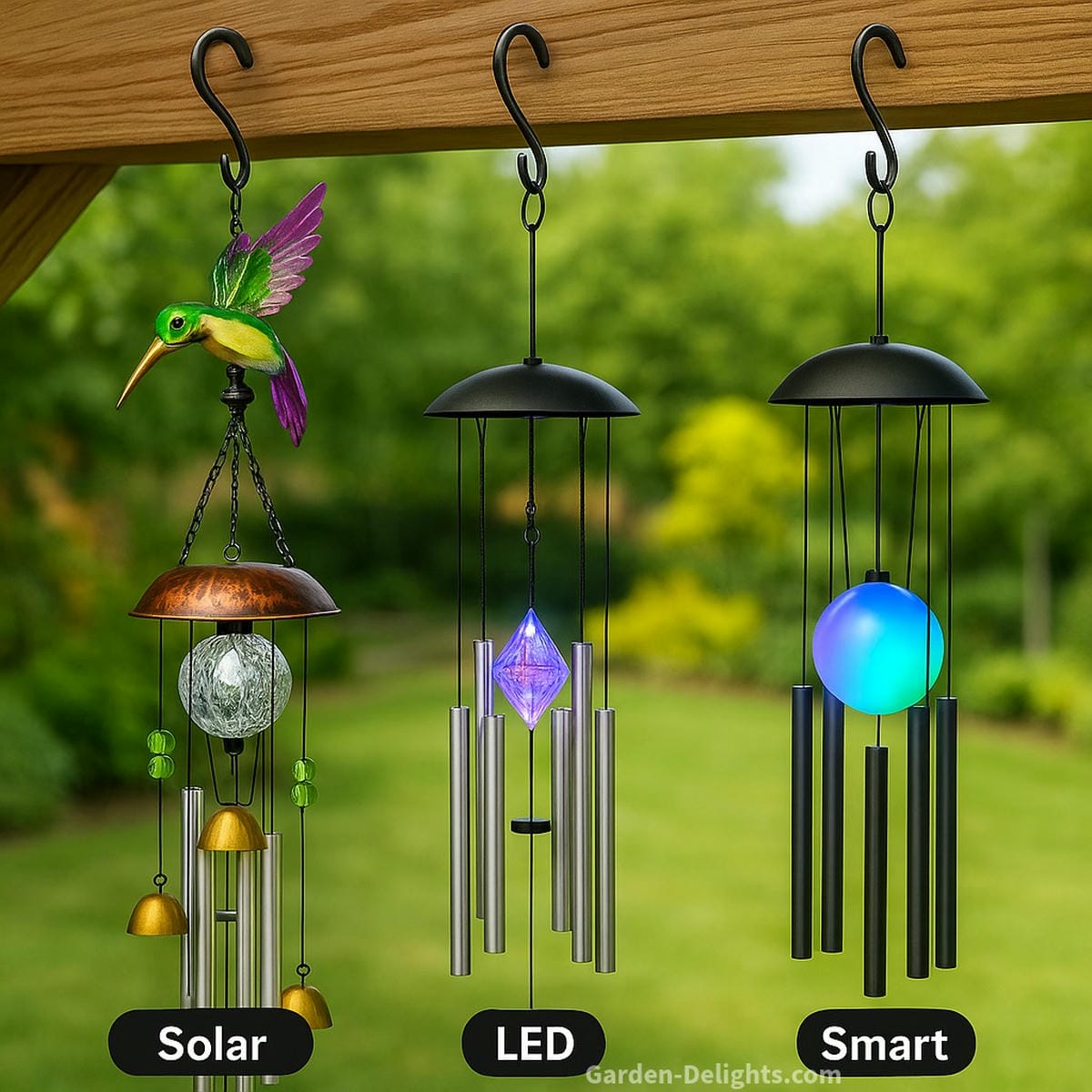 Assorted electric wind chimes displayed across price tiers basic solar garden chimes, battery-operated LED styles, and premium smart chimes with app control and programmable sound
