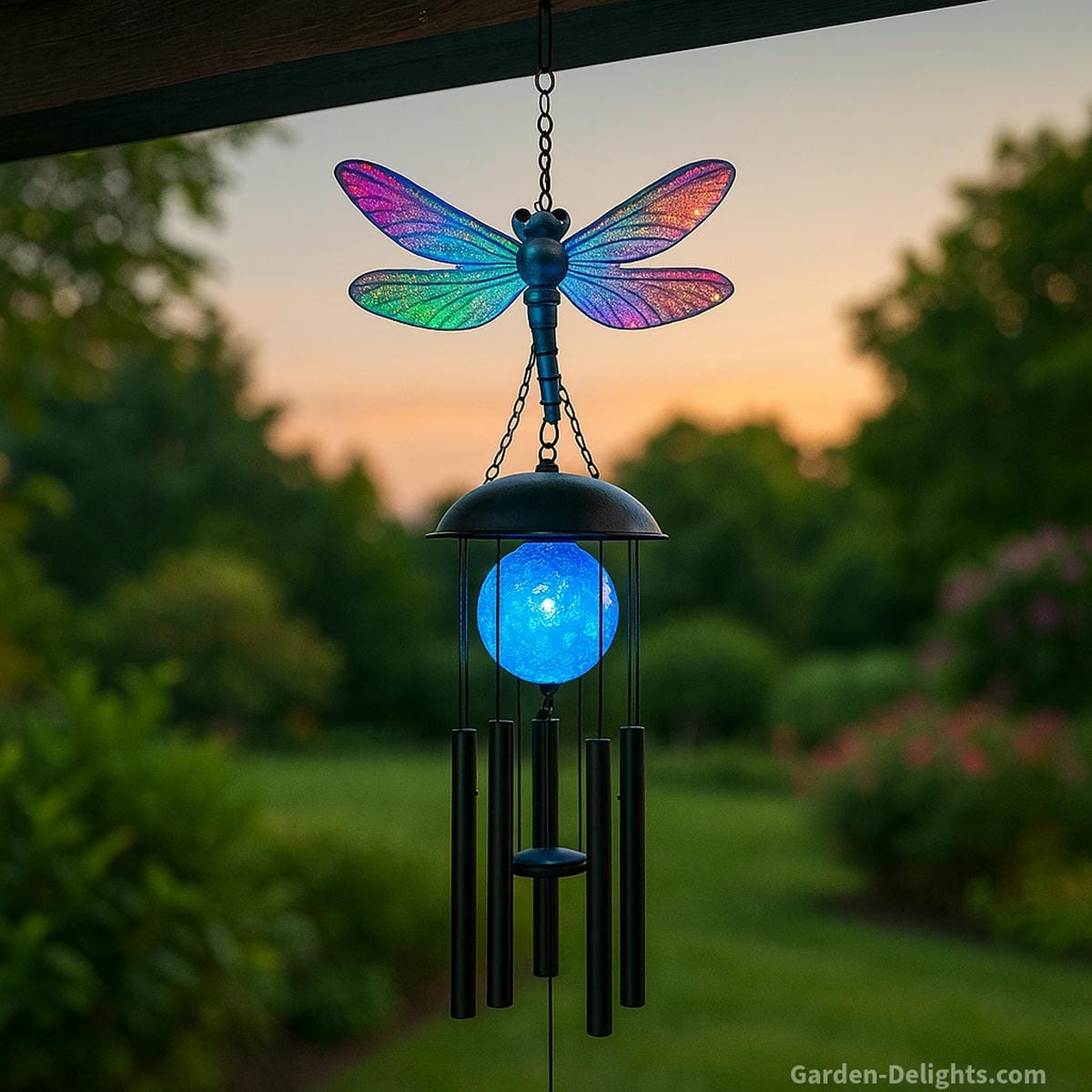 Dragonfly electric wind chimes with a glowing blue LED orb, black canopy, and sleek black aluminum tubes featured in the Smart Buying Guide for modern wind chimes with solar power, programmable tones, and smart controls for outdoor garden serenity.