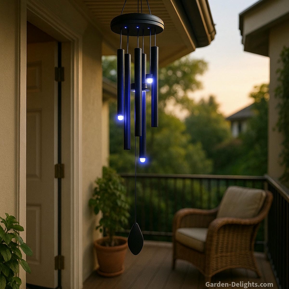 Electric wind chimes with LED glow hanging in a Feng Shui entryway and balcony corner programmable tones, Bluetooth control, and soft lighting for peaceful ambiance