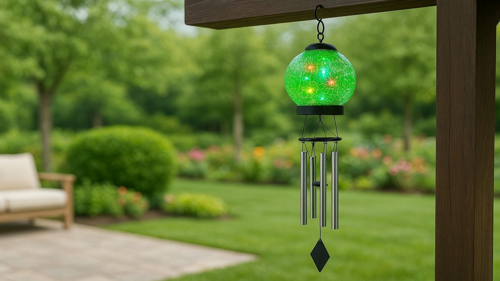 Electric wind chime with glowing green crystal orb and silver aluminum tubes, hanging from a wooden pergola in a bright garden patio LED lighting for outdoor serenity, meditation spaces, and Feng Shui energy flow.