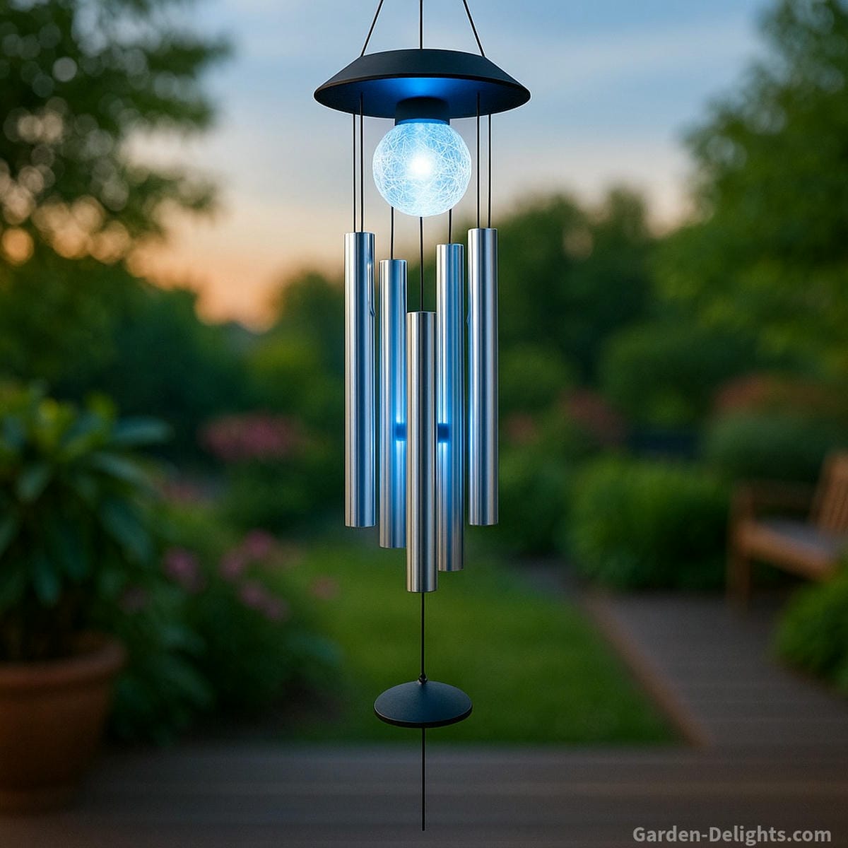 electric wind chimes with LED lighting in garden setting