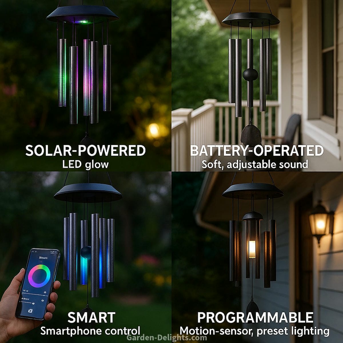 Four styles of electric wind chimes solar-powered with LED glow, battery-operated with soft tones, Bluetooth-enabled with smartphone control, and programmable with motion sensors shown in garden and porch settings