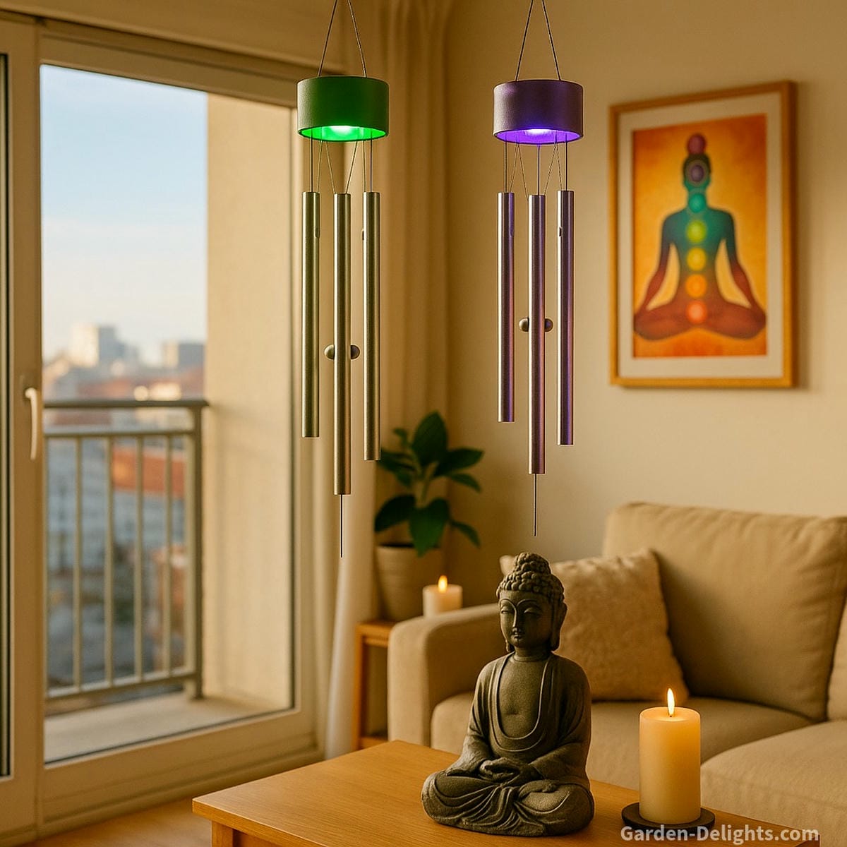 Electric wind chimes glowing with calming LED light in a meditation living room, beside a Buddha statue, candle, and chakra art. Symbolizing spiritual energy, stress relief, grief comfort, and emotional renewal with programmable tones and wellness décor.