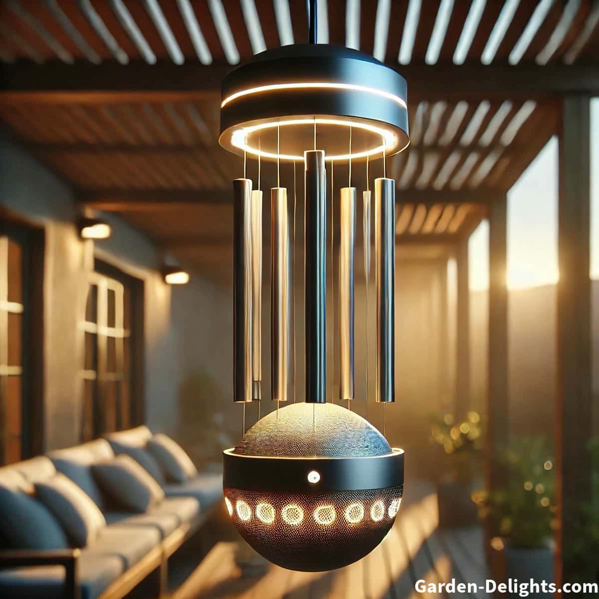 Electric wind chimes glowing with soft LED lights on a modern balcony—ideal for indoor use, meditation rooms, and patio ambiance without wind