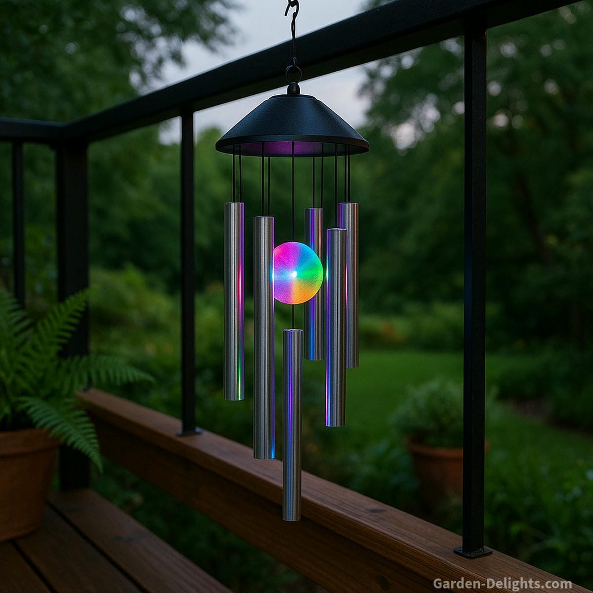Electric wind chimes glowing with multicolor LED lights and silver aluminum tubes, hanging gracefully over a wooden patio railing symbolizing balance, relaxation, and high-tech serenity with programmable light and sound features for peaceful garden and indoor decor