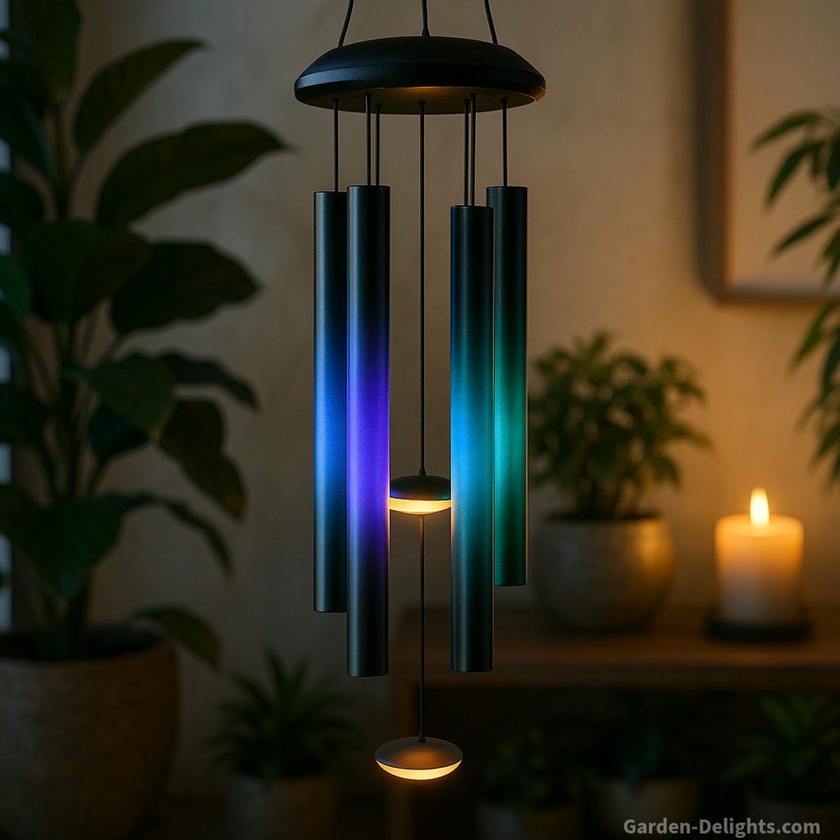 Electric wind chimes glowing with LED light in a tranquil indoor garden, symbolizing serenity, healing, and programmable sound for Feng Shui energy flow and emotional wellness.