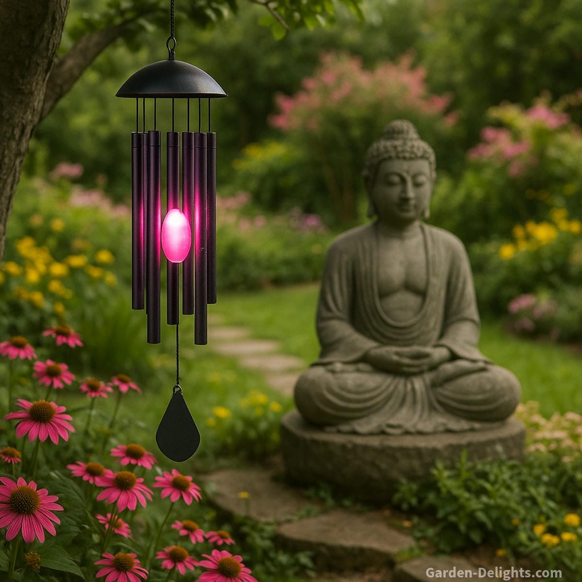 Electric wind chimes with LED light effects hanging in a peaceful sanctuary garden with blooming flowers representing symbolic tech décor, stress relief, and calming soundscapes