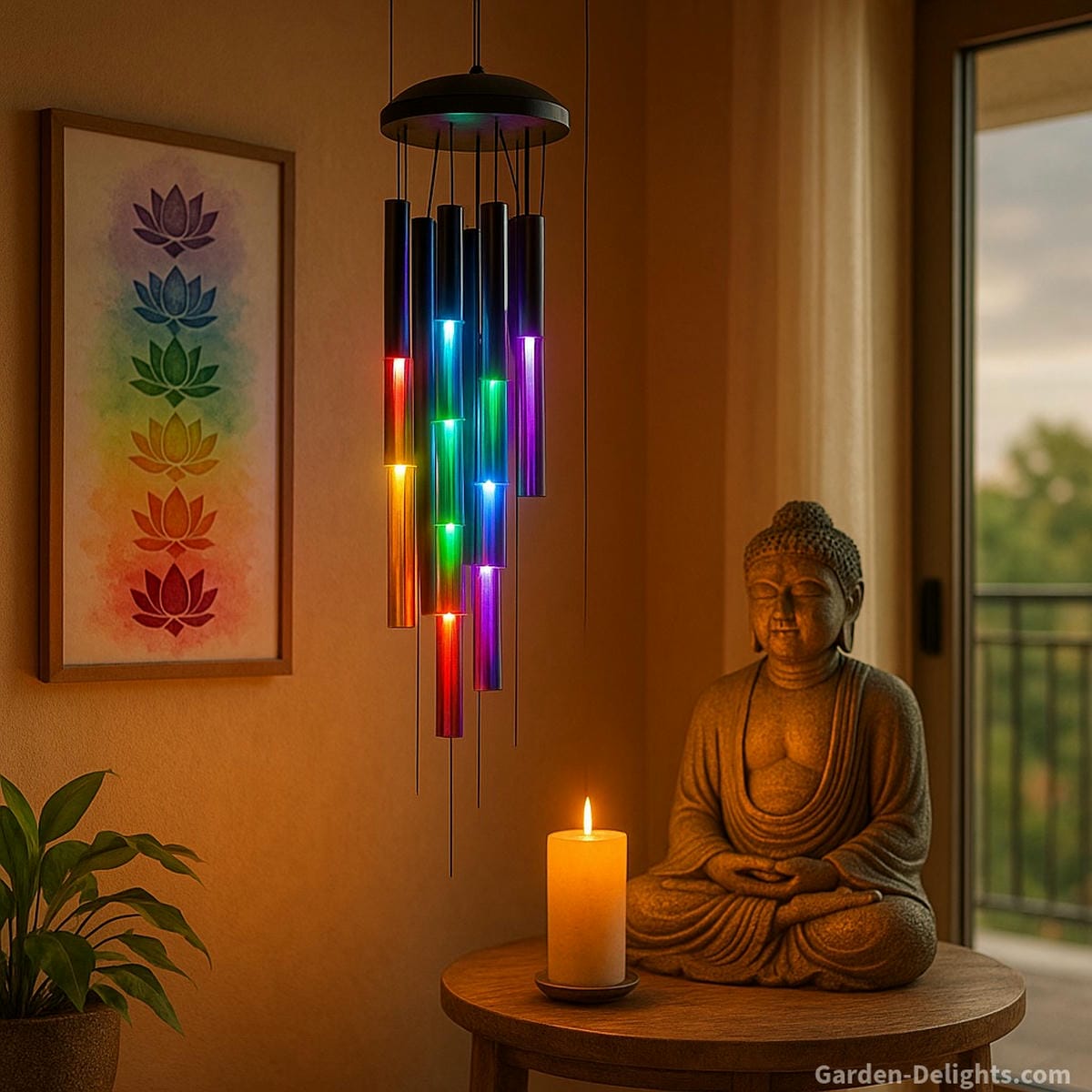 Electric wind chimes with glowing LED lights in a meditation and wellness space, aligned with chakra colors to support spiritual energy, emotional healing, stress relief, and grief comfort. A calming Buddha statue, candlelight, and symbolic art enhance the atmosphere of mindfulness and transformation.