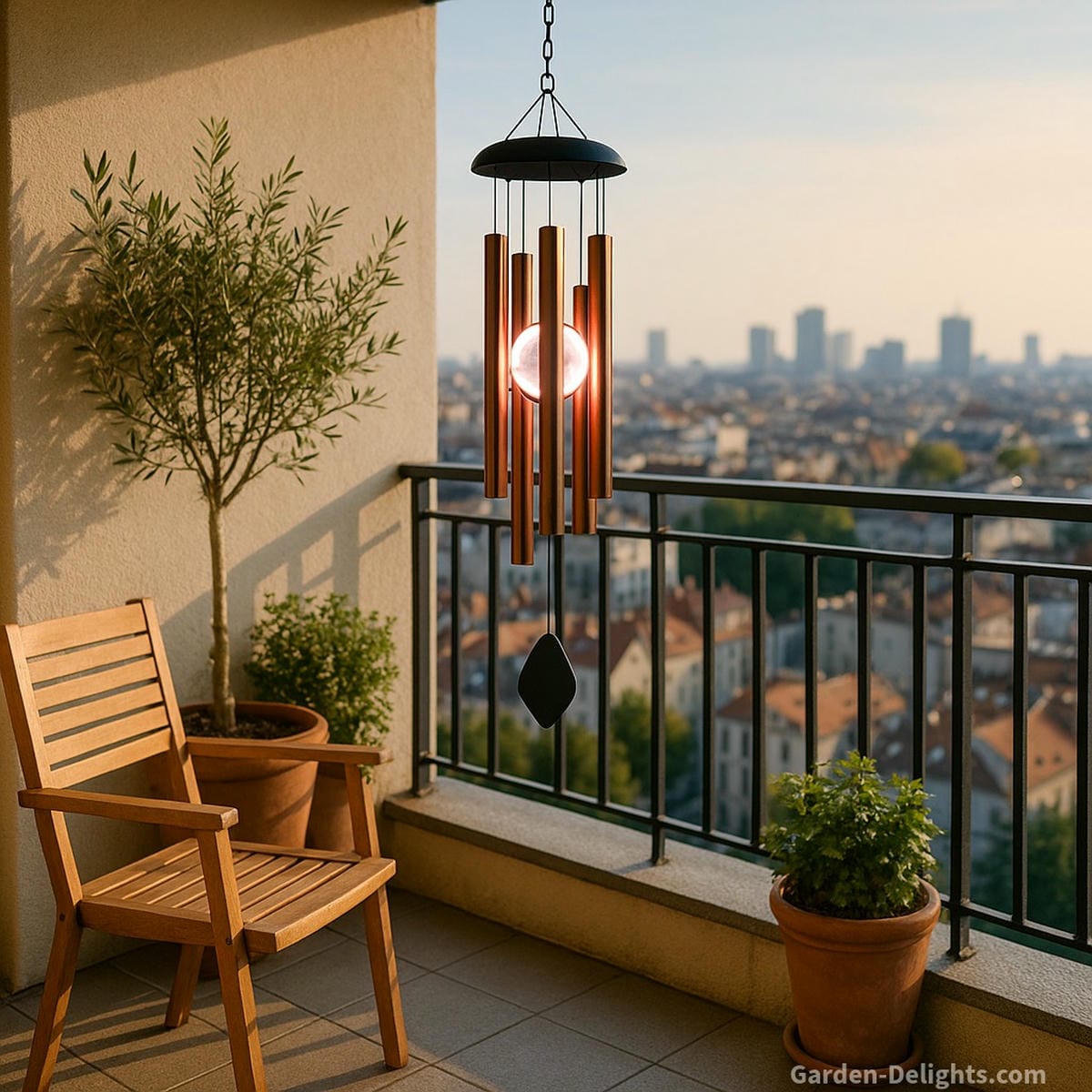 Electric wind chimes with warm LED light hanging from an apartment balcony overlooking a peaceful cityscape ideal for small spaces, smart features, and calming sound ambiance